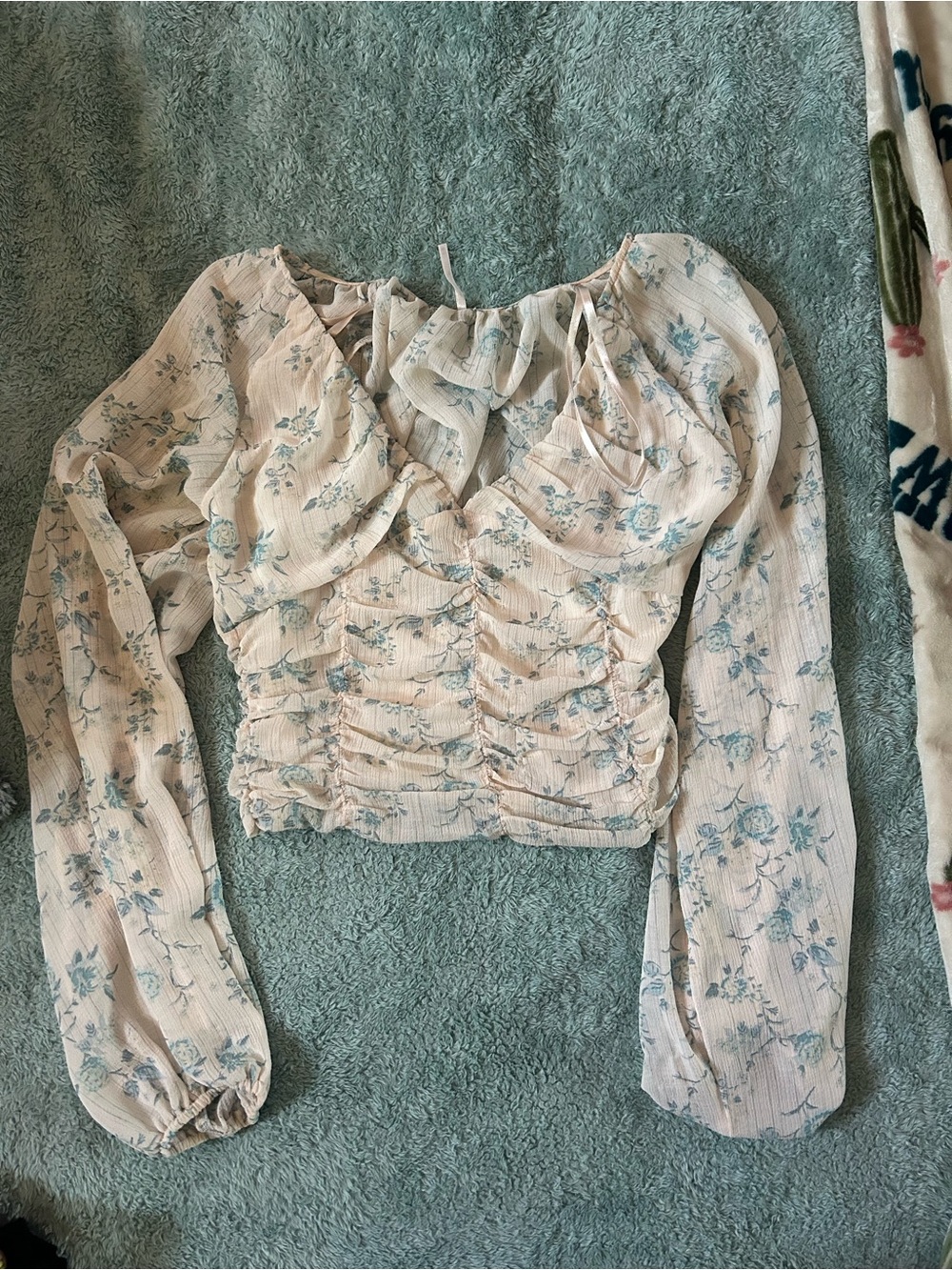 Free People Cream Floral Ruched Long-Sleeve Crop Blouse